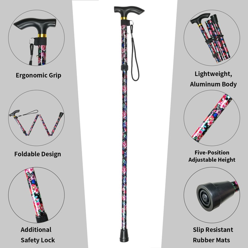CLOKTA Folding Cane, 5-Level Adjustable Height Lightweight Portable Foldable Walking