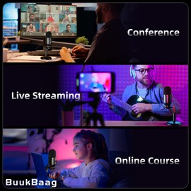 BuukBaag Microphone, Condenser Microphone, 192KHz, 24-bit High Fidelity Sound Quality, Automatic Noise Cancellation, Gaming, Commentation, Conference, Recording, Broadcaster, Discord, YouTube, Skype,