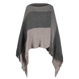 Womens Poncho Sweater V Neck Striped Pullover Soft Scarf Wrap Cape with Fringes Khaki