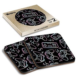 2 x Square Coasters - Black Gamer Controllers Gaming Computer Cork Backed MDF Glossy Tea Coffee Accessory #170405