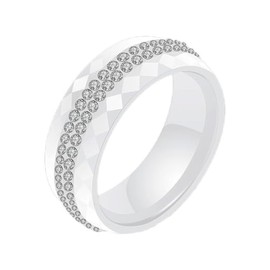 PAMTIER Unisex Ceramic 8mm Personality Simple Multi-Faceted Rhombic Cut 2 Lines Rows White Crystal Zircon Inlay Ring Wedding Band White Size 7