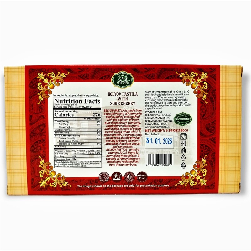 Belevini Tasty and Healthy Belyov Pastila with Sour Cherry, Handmade,