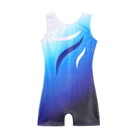 HOZIY Gymnastics Leotards for Girls with Shorts 5t Size 5-6 Years Biketard Blue White Ombre Ribbons Diamond Rhinestones Sparkly