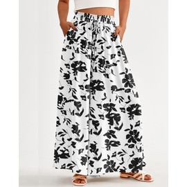 BTFBM Women Boho Floral Beach Pants Spring Summer Drawstring High Waisted Wide Leg Palazzo Pants Lounge Flowy Pants 2024(Print Black, Medium)