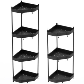Corner Shelf Stand 4 Tier Corner Shower Caddy Floor Standing Corner Shelf Carbon Steel Bathroom Storage Rack Organizer Stand with 4 Hooks Tall Shelf Plant Stand for Bedroom,Bathroom,Small Space