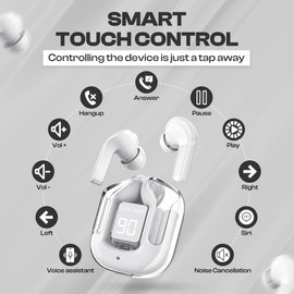 Wireless in-Ear Buds with LED Display, Noise-Canceling Bluetooth Earphones, Waterproof Sport Earbuds Compatible with Apple/Android, TV, Laptop – White