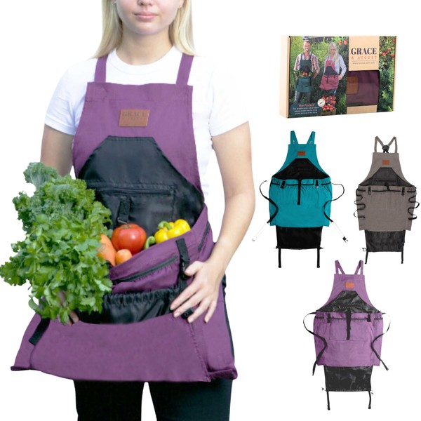 Gardening Apron with Pockets for Women & Men - Garden Apron 7 Pockets & Internal Drawstring Bag - Great Gift