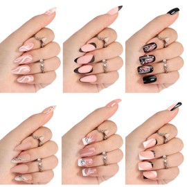 Umillars 6 Packs (144 Pcs) Press on Nails Medium Almond Design, French Short Stiletto Fake Nails Glue on Nails Set with 6 Sheets Nail Glue Stickers,A Nail File (4-6 Packs Stripe, Free size)