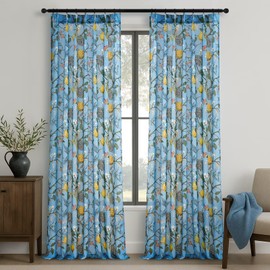 Drapenova Blue Floral Curtains 84 Inch Length 2 Panels Semi Sheer Drapes with Watercolor Flower Hummingbird Paradise Design for Living Room Bedroom Rustic French Country Pinch Pleated Linen Drape