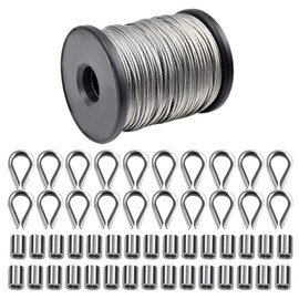 50 m Wire Rope 1.5 mm Stainless Steel Cable Wire Rope 7 x 7, 30 Pieces 1.5 mm Aluminium Clamp Crimp Sleeves Wire Rope Clips, 20 Pieces M2 Thimble for Railing Decks, Picture Hanging Set