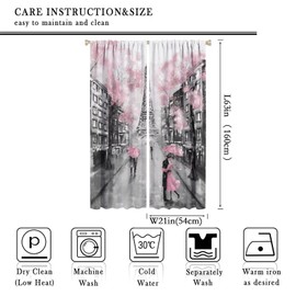 Paris Eiffel Tower Curtain Oil Painting European France City Landscape Modern Couple Black Pink Tree Home Decor Waterproof Fabric Bedroom Bathroom Living Room 2 Panels 42×63 Inch