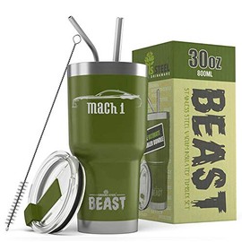 2021 2022 Ford Mach 1 Mustang Beast 30 oz Stainless Steel Insulated Tumbler w/Lid, 2 Straws, Brush and Gift Box army