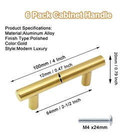 Cjueiom 6 Pack Gold Cupboard Handles 64mm Hole Center T Bar Handles, Stainless Steel Drawer Pulls Long Wardrobe Door Handles, 100mm Length Kitchen Cabinet Pulls for Bedroom Drawer