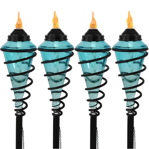 Sunnydaze Blue Glass Torch with Metal Swirl - Outdoor Patio and Lawn Torch - 25- to 66-Inch Adjustable Height - Set of 4