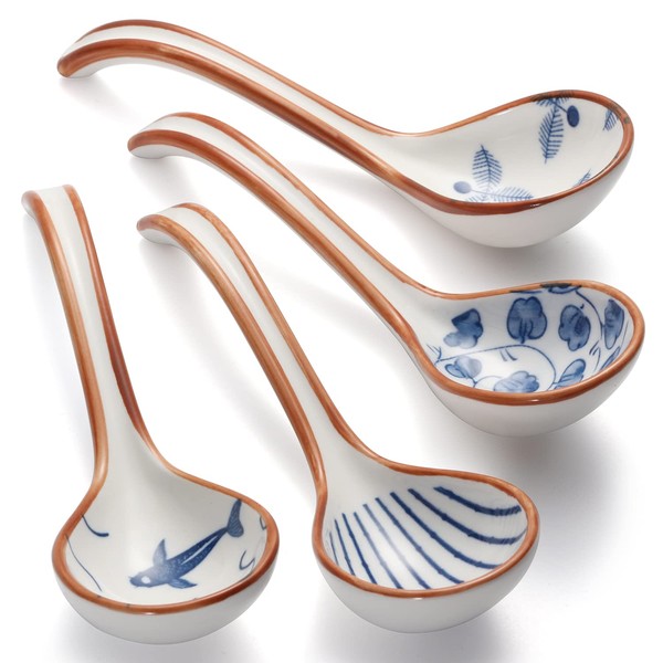 Asian Soup Spoon Ceramic Ramen Spoons Korean Spoons Porcelain Japanese Soup Spoon for Ramen Noodles Pho Miso Dumpling 4pcs (Style 1)