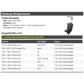 Turbocharger Wastegate Valve Actuator - Compatible with 2016-2021 Honda Civic 1.5L 4-Cylinder Turbo