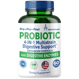 NUTRATEMPLE 4 in 1 Pre Post Probiotics & Digestive Enzymes for Women & Men - Digestive Health, Gut & Immune Support for Occasional Constipation, Diarrhea, Gas & Bloating – 60 Veggie Capsules