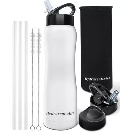 Hydracentials Insulated White Water Bottle - Stainless Steel 25oz Hot / Cold Travel