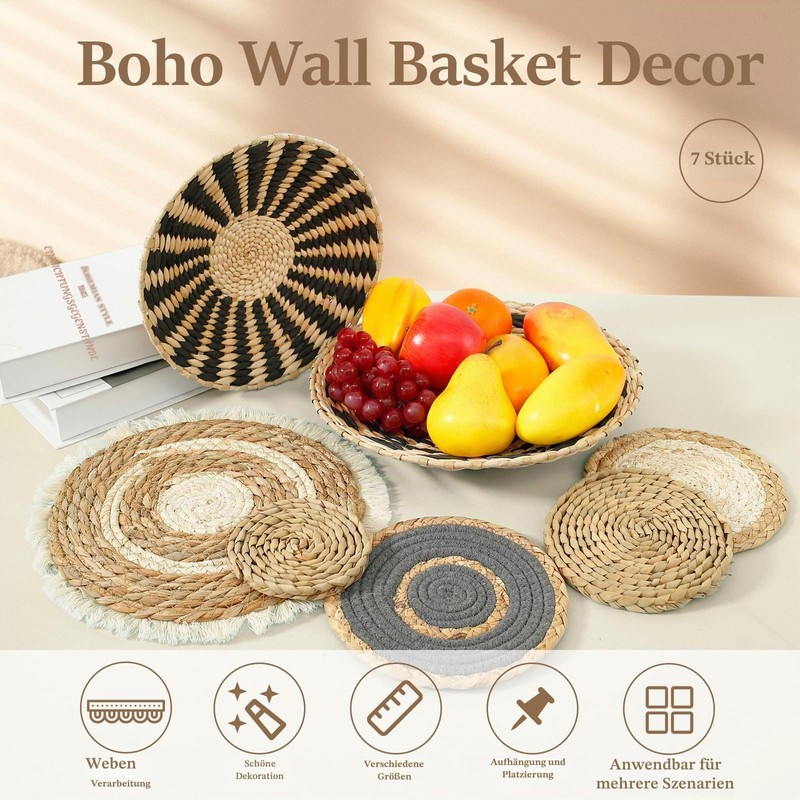 7 Pieces Wall Baskets Bohemian Handmade Wall Decor Rattan Round