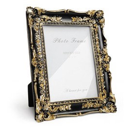 Cuspin Vintage Black and Gold Picture Frame 5x7, Ornate Baroque Resin Handcrafted Picture Frames with Glass Front, Antique Textured Design Decorative Frame for Tabletop & Wall Display
