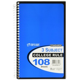 Top Flight Standards 3-Subject Wirebound Notebook, Perforated, 108 Sheets, College Rule, 9.5 x 6 Inches, Assorted Colors (Pack of 6)