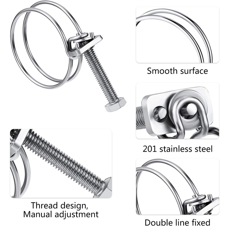 4 Pieces Double Wire Hose Clips Adjustable Stainless Steel Hose