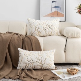 LIGICKY Set of 2 Fluffy White Faux Fur Lumbar Pillow Covers Gold Branches Glitter Throw Pillows Decorative Soft Furry Sparkling Rectangle Cushion Cases for Sofa Bedroom Party Décor 12x20 inch