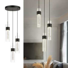 kudos Black Pendant Light Fixtures, 3-Lights, Modern LED Pendant Lights with Clear Glass and Bubble Crystal, Adjustable Pendant Lights for Kitchen Island, KDPL09-BK-3L