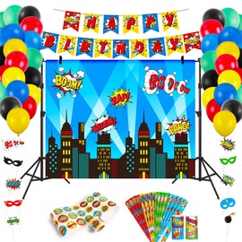 DECORLIFE Superhero Party Decorations, 6.4 x 4.9ft Backdrop, 16pcs Slap Bracelets, 60pcs Balloons, 200pcs Stickers, Photo Booth Props, Happy Birthday Banner Included for Superhero Birthday Party