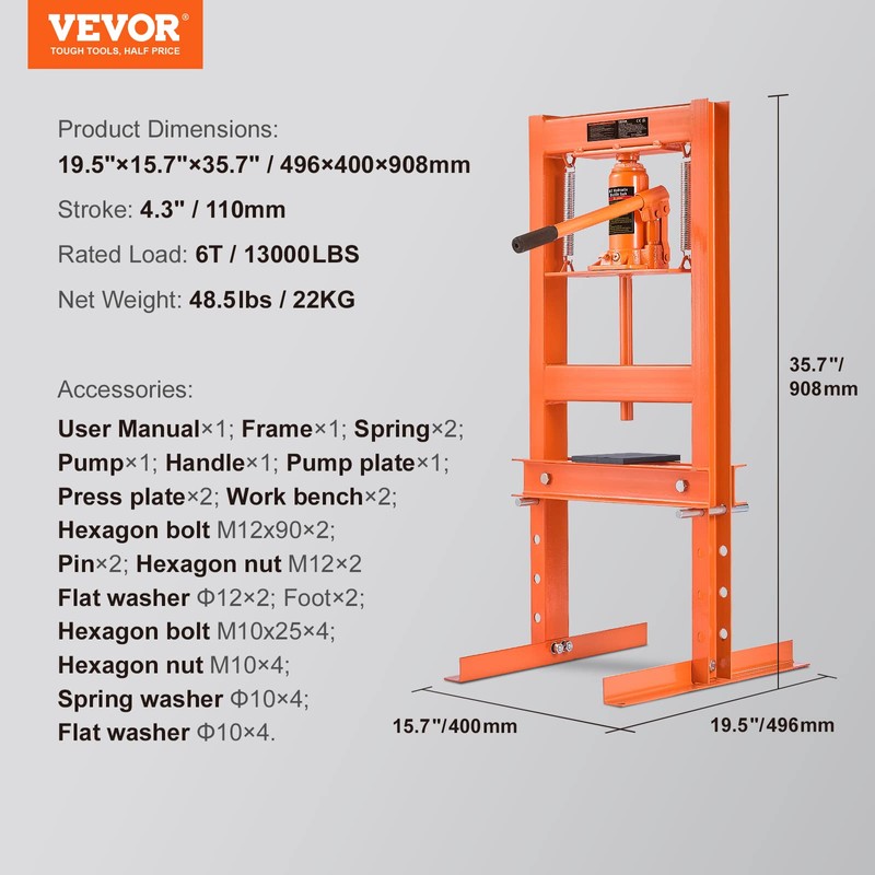VEVOR Hydraulic Shop Press, 6 Ton/13000lbs, H-Frame, 4-Hold Adjustable Height,