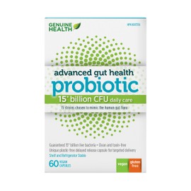 Genuine Health Advanced Gut Health Gentle-Care Probiotic, 60 count, 15 Billion CFU, Natural daily gut health and digestive support, 15 diverse and balanced strains per capsule, Dairy, soy & gluten-Free, Non-GMO, Vegan