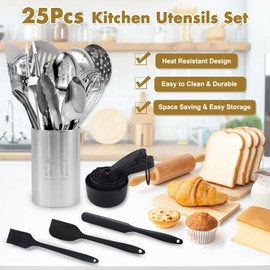Stainless Steel Cooking Utensils Set, 25pcs Kitchen Utensils Set with Holder, Heat Resistant Kitchen Utensils Sets for Cooking with Turners, Potato Masher, Skimmer, Spoons, Tongs, Whisk