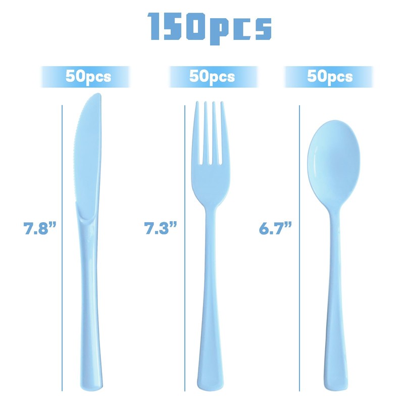 joy akkess 150 Pack Blue Plastic Silverware, Light Blue Plastic