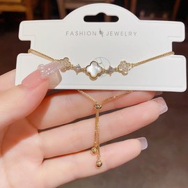 Women's Seashell 4 Leaf Clover Bracelet, Hypoallergenic, 18k Plating, Popular, Cute, Flashy, Bracelet, Adjustable, Flowers, Anniversary, Mother's Day, Birthday, Gift, Gold, Copper, Cubic Zirconia