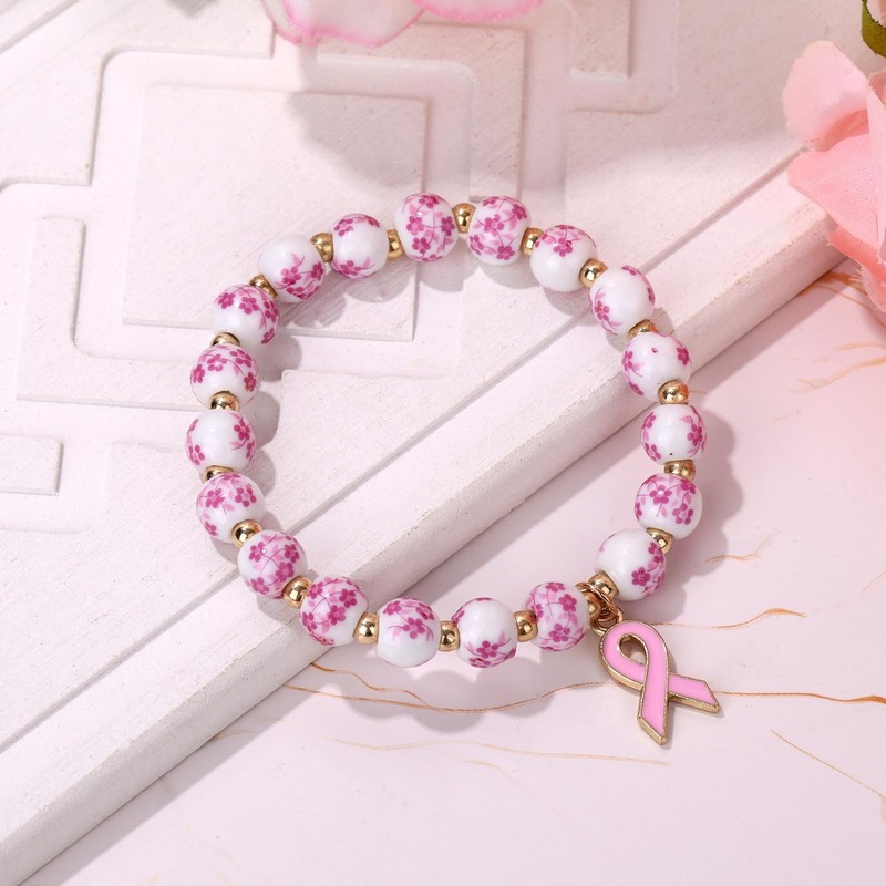 Mikovivi Breast Awareness Bracelets, Pink Ribbon Charm Beaded Stretch Bracelet