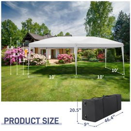 Kshioe 10x20ft Pop Up Canopy Tent, Portable Tent with Carrier Bag, Waterproof Sun Shelter for Outdoor Parties, Beach, Marketing Events, 1-Person Setup (White)