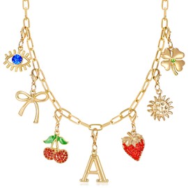 Initial Charm Necklace for Women, Evil Eye Four-Leaf Clover Sun Bow Cherry Strawberry Removable Charms Necklace Paper Clip Chain Choker, Trendy Jewelry Birthday Christmas Gifts for Her (Letter A )