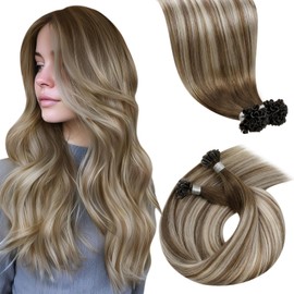 LaaVoo K Tip Hair Extensions Real Human Hair Balayage Brown K Tips Hair Extensions Human Hair Light Brown Mix Blonde Keratin Human Hair Extensions Hot Fusion 14 Inch 50g/s