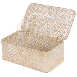FEIALNDUO Wicker Shelf Baskets with Lid,Seagrass Storage Basket Bins Rectangular Handwoven Basket Boxes for Shelves Desktop Home Organizer (Whitewash, X-Small)