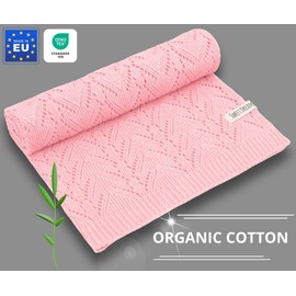 Mikos * 100% Organic Cotton Lightweight Baby Blanket - Ajour Pattern - Perfect for Summer and Spring - Knitted Blanket for Babies, Children and Newborns, Hypoallergenic, 80 x 100 cm (28) (Pink)