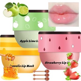 3 piezas de bálsamo labial de miel en pote de abeja, mascarilla labial de miel, fresa y manzana durante la noche, mascarilla labial hidratante para dormir, mascarilla exfoliante para labios para