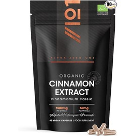 Organic Cinnamon Extract 7500mg - 10% Polyphenols High Strength Cinnamon Supplement - 90 Vegan Capsules (3 Months Supply) - Resealable and Recyclable Pouch by Alpha01