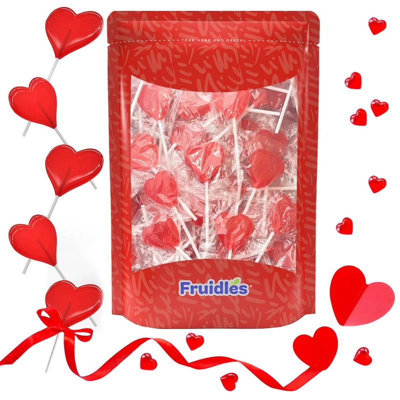 Fruidles Valentine's Heart Lollipops Candy, Red Heart Shaped Hard Candy