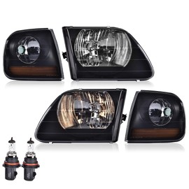 CNNELL Headlights Assembly Compatible with 2004 F150 Heritage/1998-2003 F150 Truck/1997 1998 1999 2000 2001 2002 Ford Expedition/1997 F150 Truck Smoky lens Black Housing Amber Reflector 1 Pair