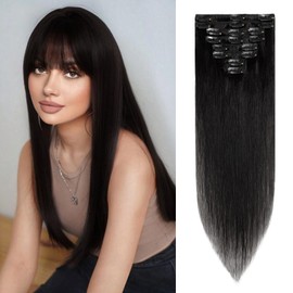 S-noilite Clip-In Real Hair Extensions, Jet Black, Remy Human Hair, 45 g, 20 cm, Thin Wefts, 8 Wefts, #1