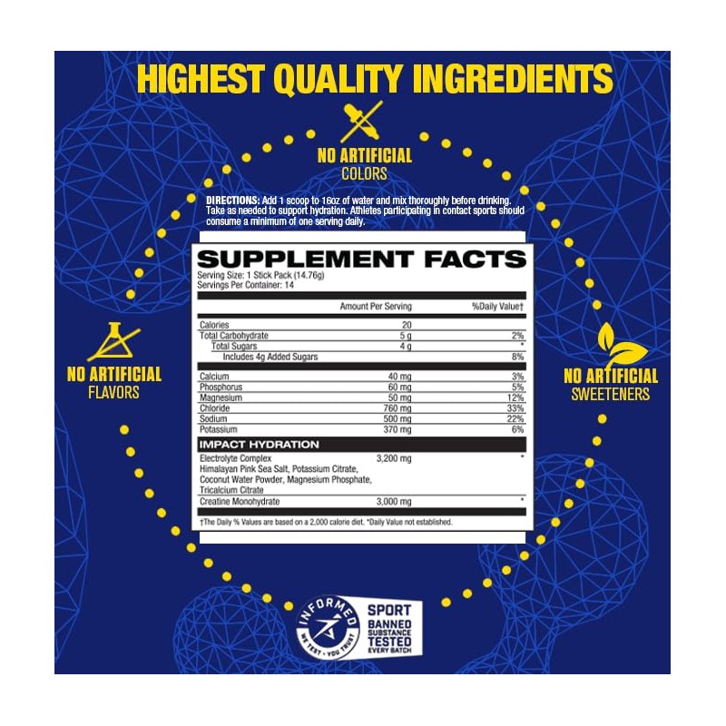 MHP Impact Hydration Electrolyte Creatine Sports Drink Stick Pack, No