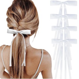 NYXXZ White Ribbon Bow Hair Clips for Girls, Tassel Bow Long Tail Bowknot Hair Bow Clips, Women's Hair Clips Ribbon Hair Ties Barrettes Hair Pins Accessories