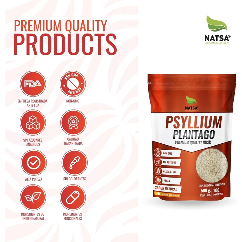 NATSA Psyllium Plantago Polvo 500 g 100 Porciones 5 g