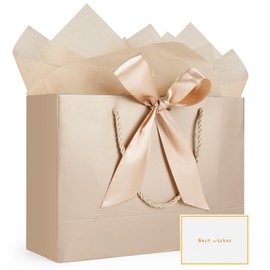 Gfractolux Large Gift Bags for Present, 1 Pcs Gift Bags for Women Men with Tissue Paper and Cards, Gift Bags for Birthdays, Baby Shower, Wedding, Anniversary 14.2" x 9.8" x 4.7" (Champagne)