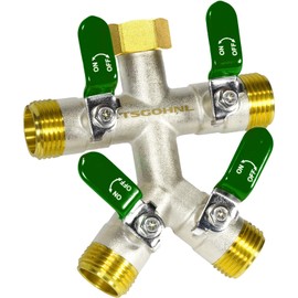 TSGOHNL Heavy Duty Brass Garden Hose Splitter, Freeze and Sun Resistant Outdoor Faucet 4-Way Valve, Nickel Plated for Rust Resistance, 3/4” GHT (green)